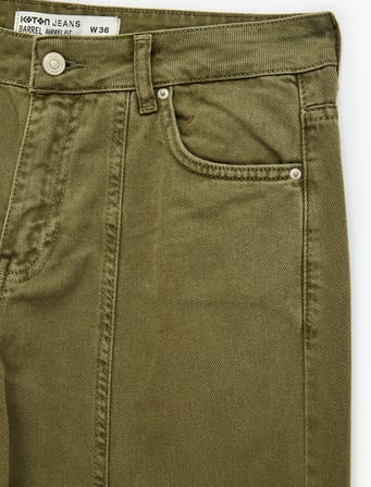 Normal Bel Beş Cepli Dikiş Detaylı Pamuklu Rahat Kalıp Barrel Pantolon