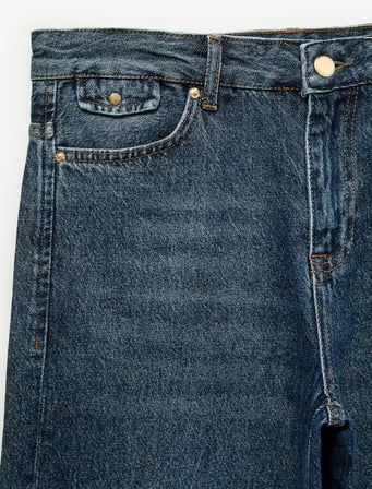 Pamuklu Cepli Geniş Paça Denim Pantolon - Wide Leg Jeans