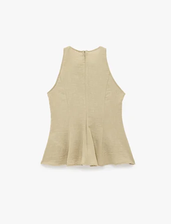 Keten Görünümlü Kolsuz Bisiklet Yaka Peplum Bluz