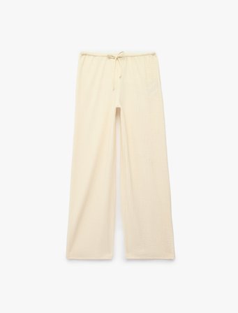 Bürümcük Kumaş Beli Bağcıklı Düz Geniş Paça Pantolon