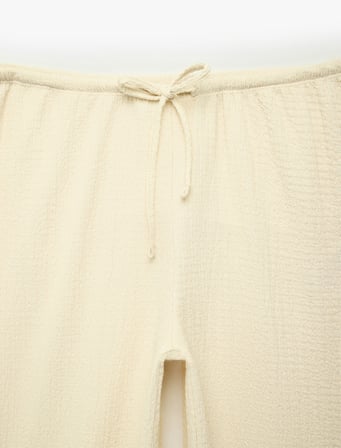 Bürümcük Kumaş Beli Bağcıklı Düz Geniş Paça Pantolon