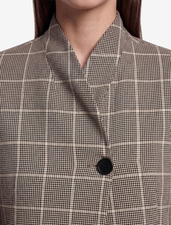 Uzun Kollu Cep Detaylı Düğmeli Ekose Desenli Kruvaze Yaka Blazer Ceket