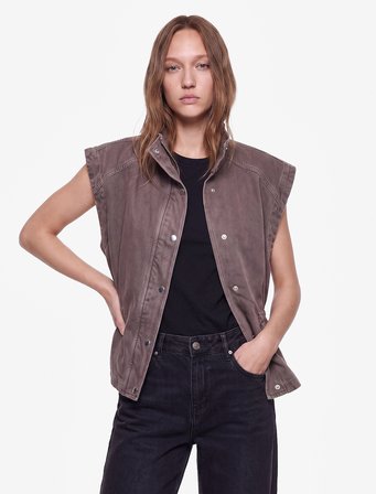 Büzgü Detaylı Pamuklu Çıt Çıt Düğmeli Dik Yaka Kolsuz Denim Yelek