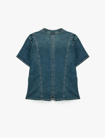 Nakışlı Süslü Düğme Kapamalı Fermuarlı V Yaka Kısa Kollu Peplum Denim Bluz