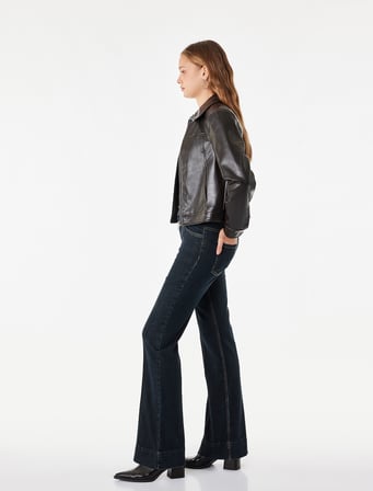 Süslü Düğmeli Normal Bel Dar Kesim Nervürlü İspanyol Paça Denim Pantolon - Flare Jeans