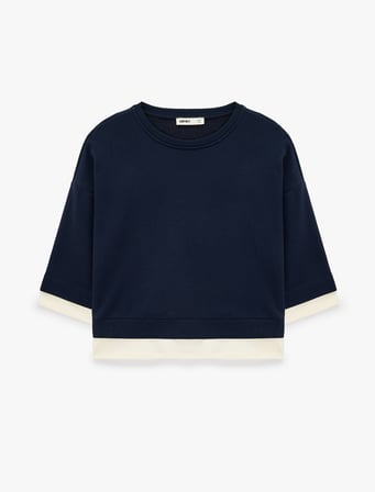 Renk Bloklu Regular Fit Bisiklet Yaka 3/4 Kol Basic Sweatshirt