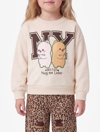 Uzun Kollu Üç İplik Bisiklet Yaka Ayıcık Baskılı Sweatshirt