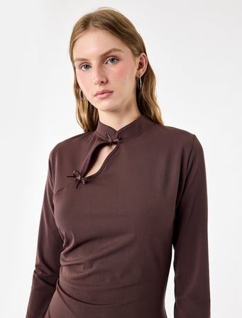 Pencere Detaylı A Kesim Qipao Yaka Fiyonklu Uzun Kollu Krep Mini Elbise