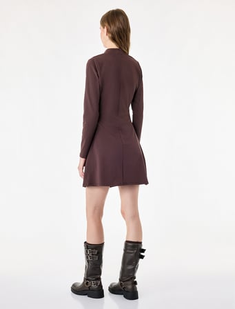 Pencere Detaylı A Kesim Qipao Yaka Fiyonklu Uzun Kollu Krep Mini Elbise