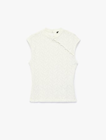 Slim Fit Dik Qipao Yaka Kolsuz Düğmeli Dantelli Bluz