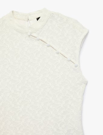 Slim Fit Dik Qipao Yaka Kolsuz Düğmeli Dantelli Bluz
