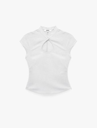 Damla Pencere Detaylı Mandarin Qipao Yaka Kısa Kollu Keten Bluz