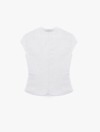 Damla Pencere Detaylı Mandarin Qipao Yaka Kısa Kollu Keten Bluz