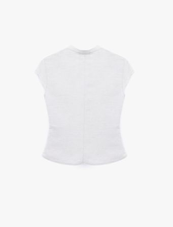 Damla Pencere Detaylı Mandarin Qipao Yaka Kısa Kollu Keten Bluz