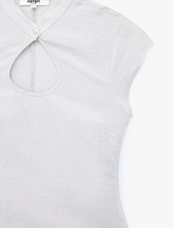 Damla Pencere Detaylı Mandarin Qipao Yaka Kısa Kollu Keten Bluz