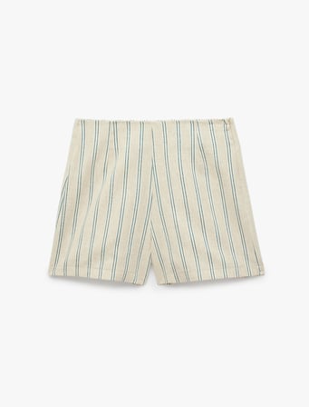 Yan Fermuarlı Slim Fit Keten Karışımlı Çizgili Mini Şort