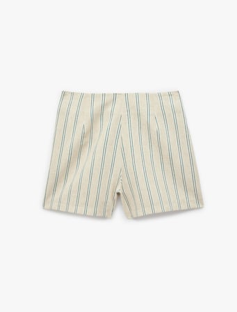 Yan Fermuarlı Slim Fit Keten Karışımlı Çizgili Mini Şort