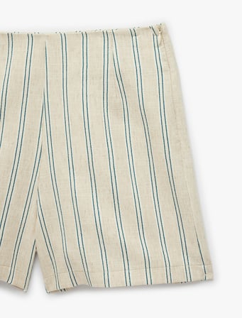 Yan Fermuarlı Slim Fit Keten Karışımlı Çizgili Mini Şort