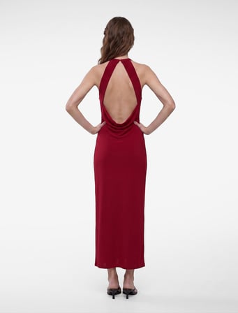 Slim Fit Krep Scuba Halter Yaka Kolsuz Sırtı Açık Bodycon Uzun Elbise