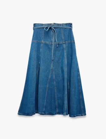 Beli Bağcıklı Kloş Kesim Rahat Kalıp Volanlı Uzun Denim Etek