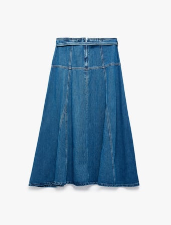 Beli Bağcıklı Kloş Kesim Rahat Kalıp Volanlı Uzun Denim Etek