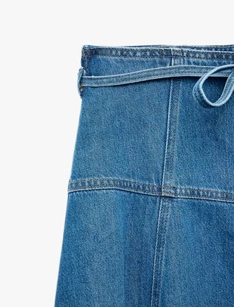 Beli Bağcıklı Kloş Kesim Rahat Kalıp Volanlı Uzun Denim Etek