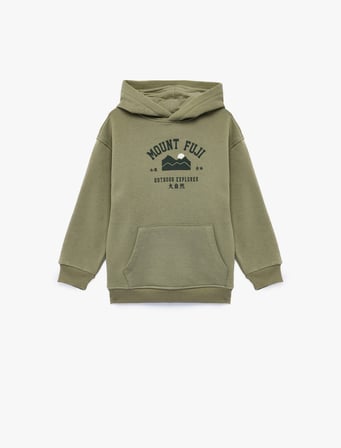 Baskılı Şardonlu Uzun Kollu Kapşonlu Sweatshirt