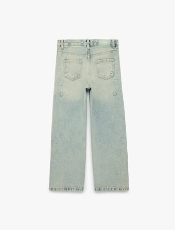 Cepli Kalpli Çiçek İşlemeli Taşlı Geniş Paça Denim Pantolon - Wide Leg Jeans