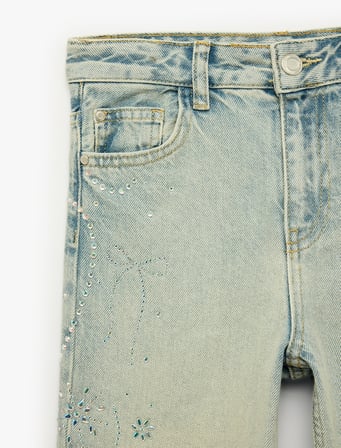 Cepli Kalpli Çiçek İşlemeli Taşlı Geniş Paça Denim Pantolon - Wide Leg Jeans