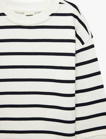 Bisiklet Yaka Uzun Kollu Çizgili Oversize Sweatshirt
