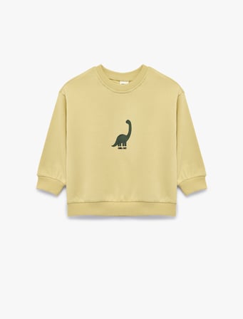 Dinozor Baskılı Şardonlu Bisiklet Yaka Uzun Kollu Pamuklu Sweatshirt