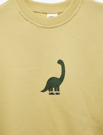 Dinozor Baskılı Şardonlu Bisiklet Yaka Uzun Kollu Pamuklu Sweatshirt