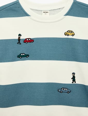 Bisiklet Yaka Uzun Kollu Nakışlı Çizgili Oversize Sweatshirt