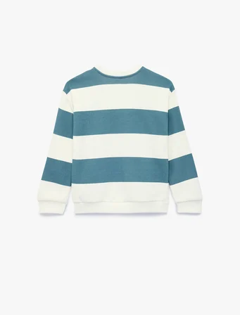 Bisiklet Yaka Uzun Kollu Nakışlı Çizgili Oversize Sweatshirt