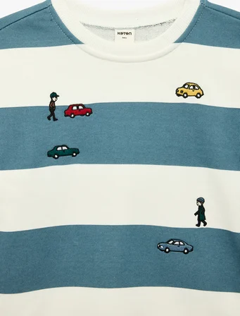 Bisiklet Yaka Uzun Kollu Nakışlı Çizgili Oversize Sweatshirt