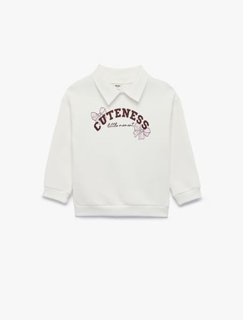 Uzun Kollu Üç İplik Şardonlu Fiyonk Baskılı Polo Yaka Sweatshirt