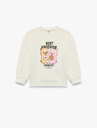 Uzun Kollu Üç İplik Bisiklet Yaka Ayıcık Baskılı Sweatshirt