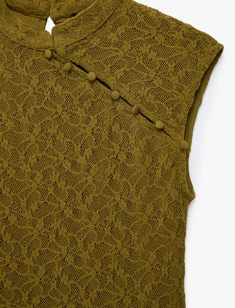 Slim Fit Dik Qipao Yaka Kolsuz Düğmeli Dantelli Bluz