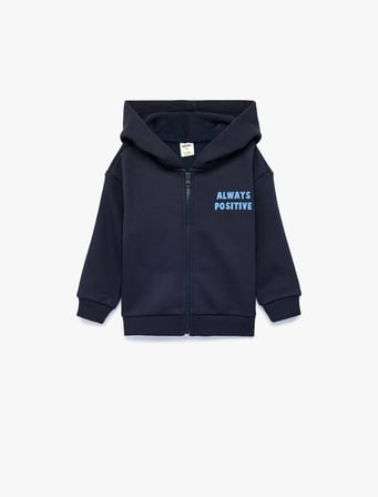 Baskılı Uzun Kollu Şardonlu Fermuarlı Kapşonlu Sweatshirt