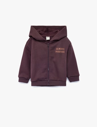 Baskılı Uzun Kollu Şardonlu Fermuarlı Kapşonlu Sweatshirt