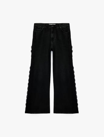 Dantel Detaylı Normal Bel Pamuklu Geniş Paça Denim Pantolon -  Wide Leg Jeans
