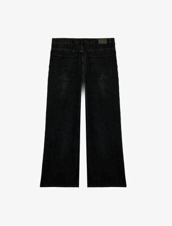 Dantel Detaylı Normal Bel Pamuklu Geniş Paça Denim Pantolon -  Wide Leg Jeans