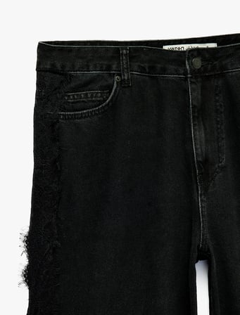 Dantel Detaylı Normal Bel Pamuklu Geniş Paça Denim Pantolon -  Wide Leg Jeans
