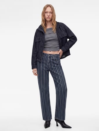 Pamuklu Normal Bel Cepli Uzun Düz Paça Çizgili Denim Pantolon - Straight Fit Jean
