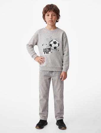 İki İplik Şardonlu Baskılı Bisiklet Yaka Uzun Kollu Sweatshirt
