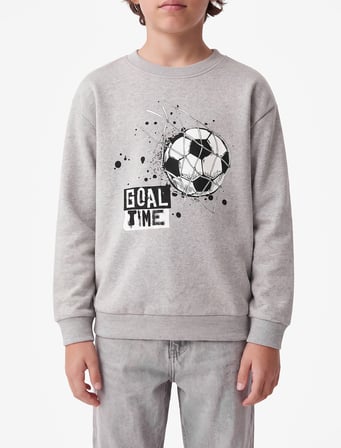 İki İplik Şardonlu Baskılı Bisiklet Yaka Uzun Kollu Sweatshirt