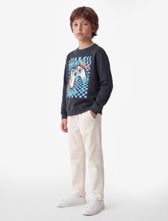 Uzun Kollu Bisiklet Yaka Baskılı Şardonlu Pamuklu Sweatshirt