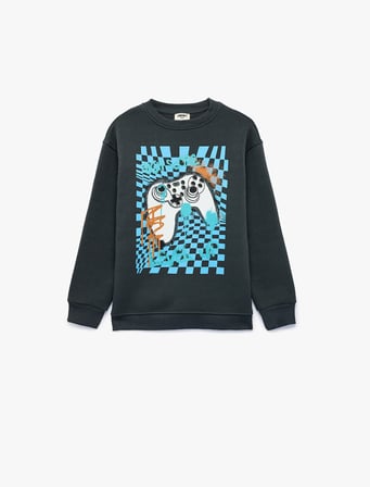 Uzun Kollu Bisiklet Yaka Baskılı Şardonlu Pamuklu Sweatshirt