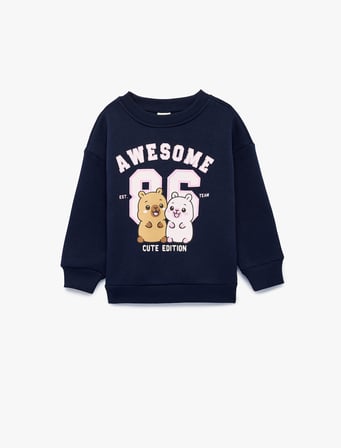 Baskılı Uzun Kollu Bisiklet Yaka Şardonlu Sweatshirt
