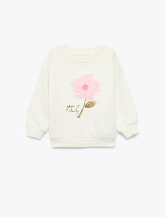 Çiçek Aplikeli Uzun Kollu Bisiklet Yaka Sweatshirt